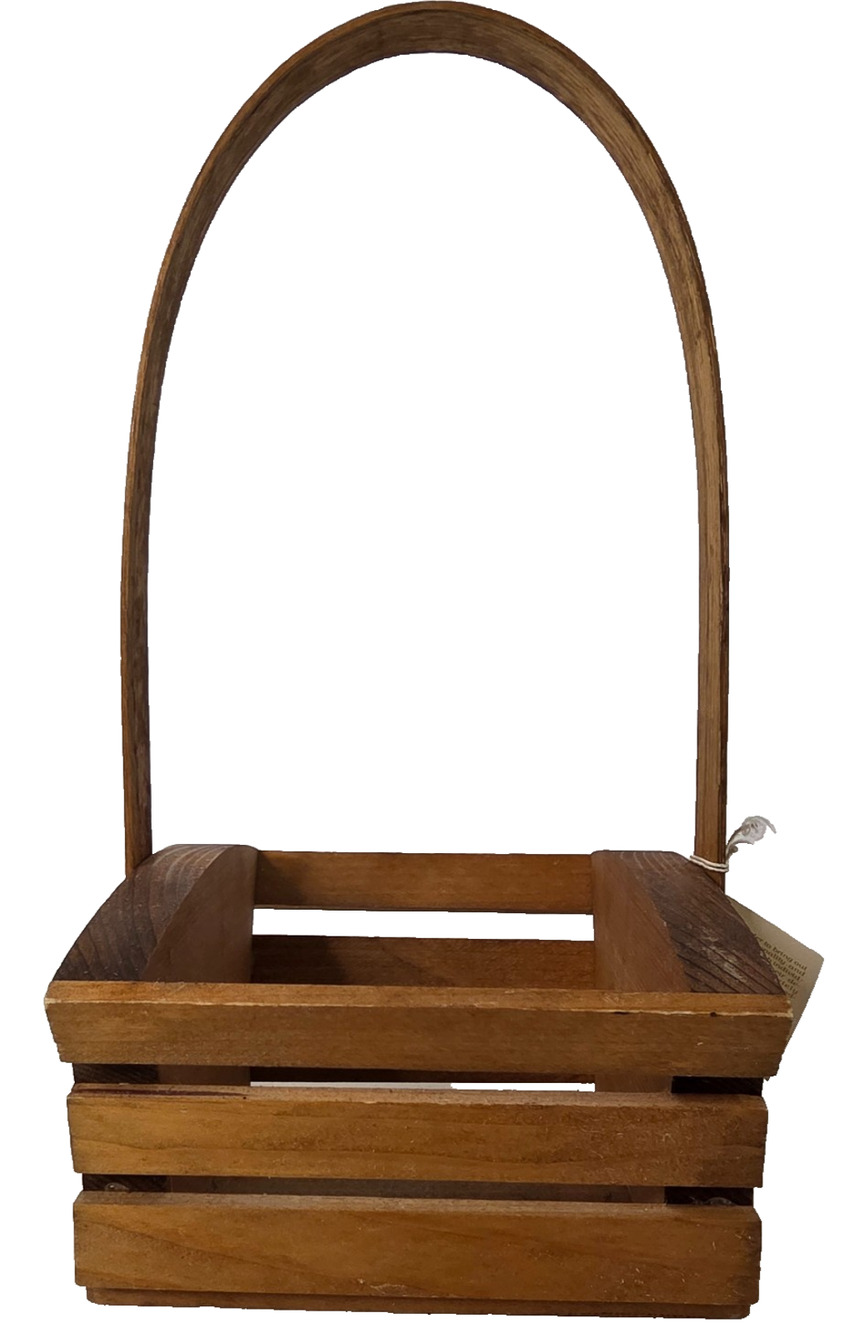 Vintage Wooden Slat Basket Caddy Tall Loop Handle Handcrafted Cabin Decor